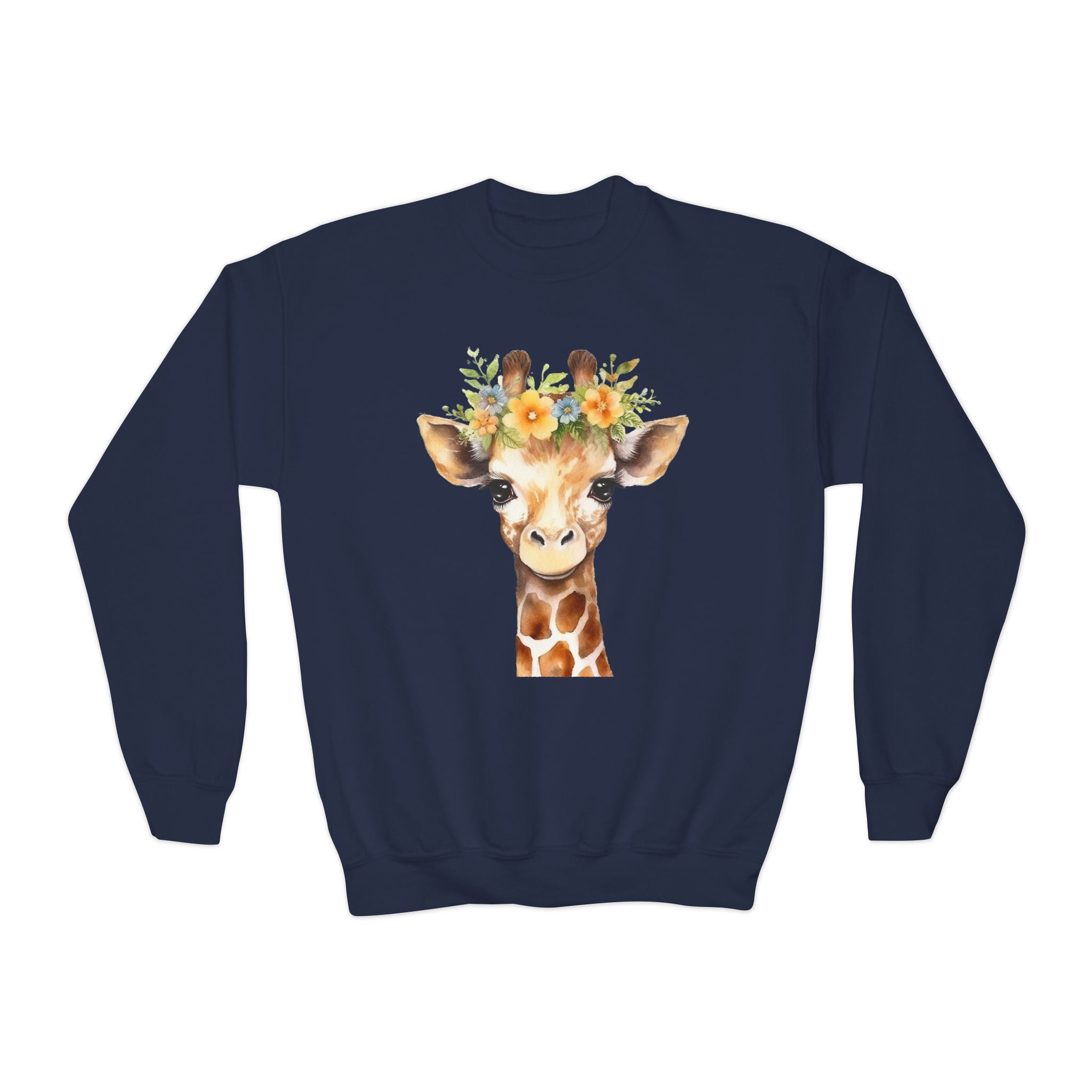 Navy blue kids giraffe sweatshirt with a watercolor giraffe illustration wearing a floral crown on soft fabric