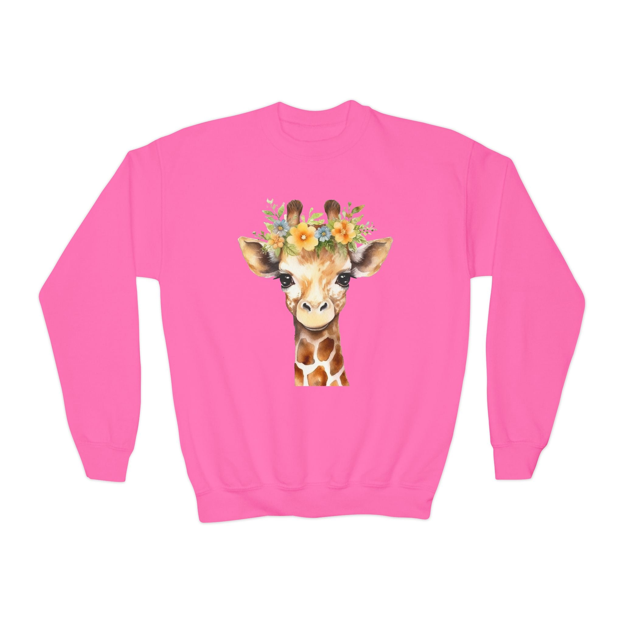 Kids giraffe sweatshirt in vibrant pink with a watercolor giraffe head and floral crown on the front