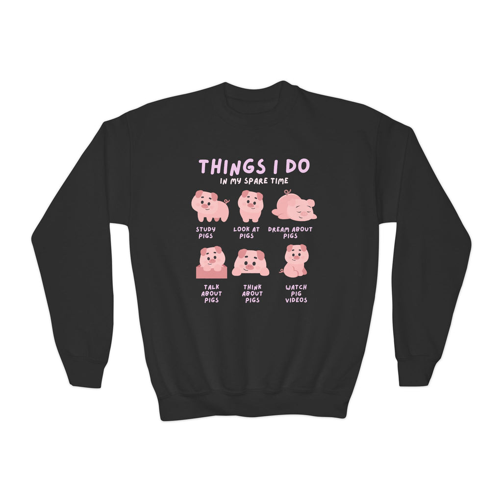 Black kids sweatshirt with pink cartoon pigs and text things i do in my spare time cozy adorable fun design
