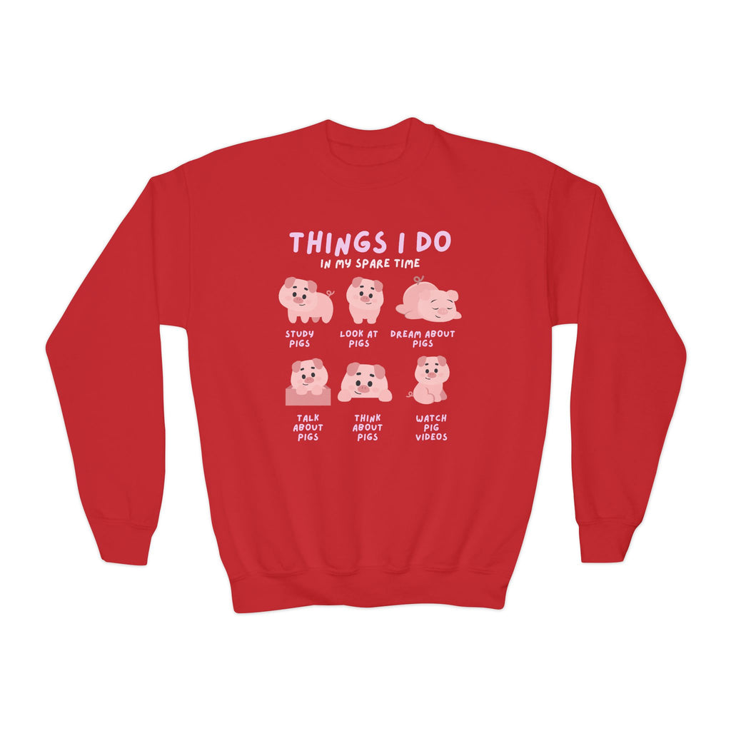 Back of a red kids long-sleeved sweatshirt featuring six cartoon pigs and playful text about spare time activities