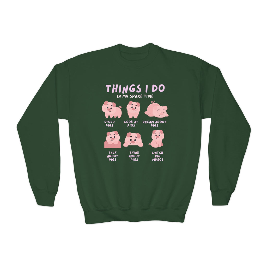 Dark green kids crewneck sweatshirt with six pink cartoon pigs and text things i do in my spare time design