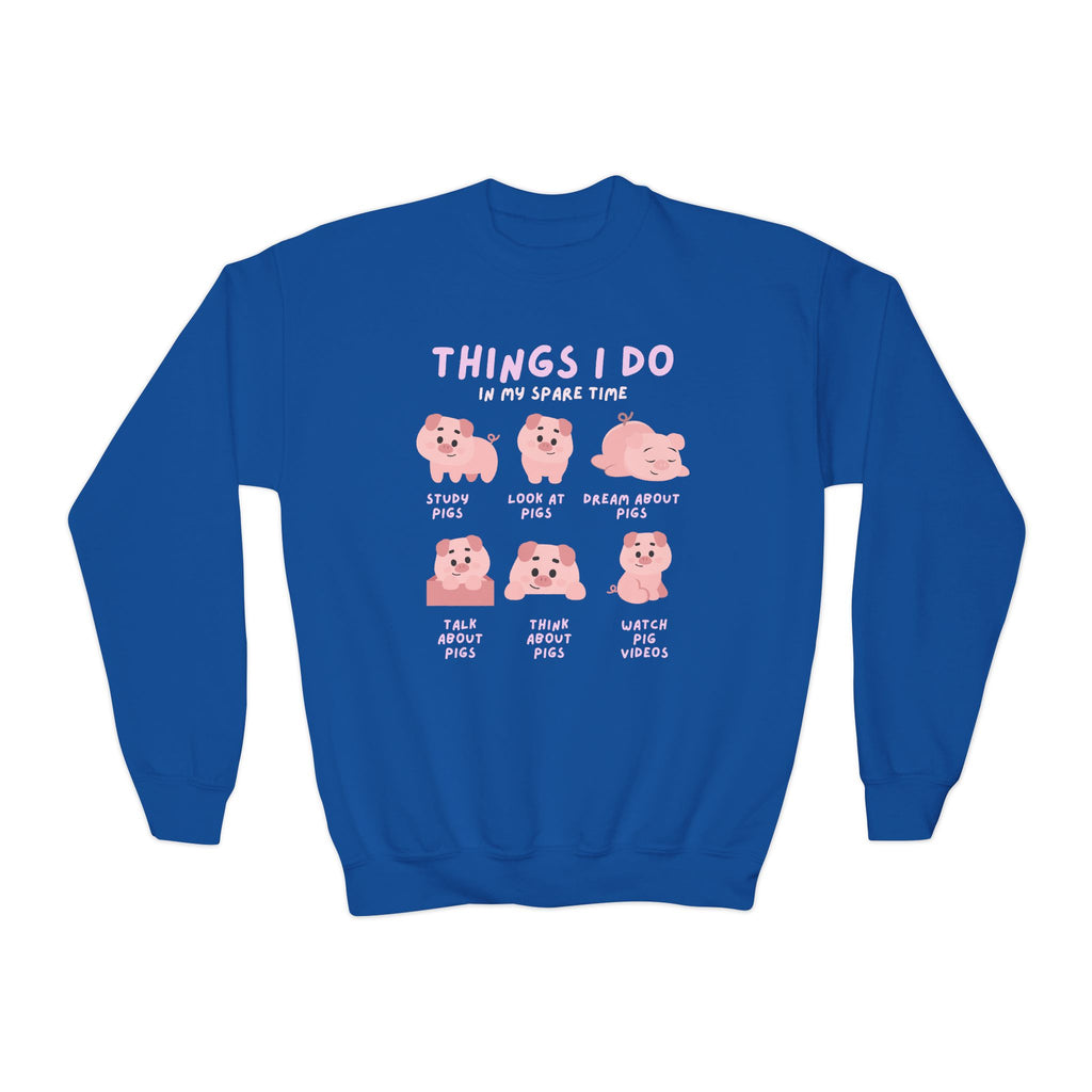 Royal blue kids crewneck sweatshirt with playful six cartoon pigs graphic and things i do in my spare time text