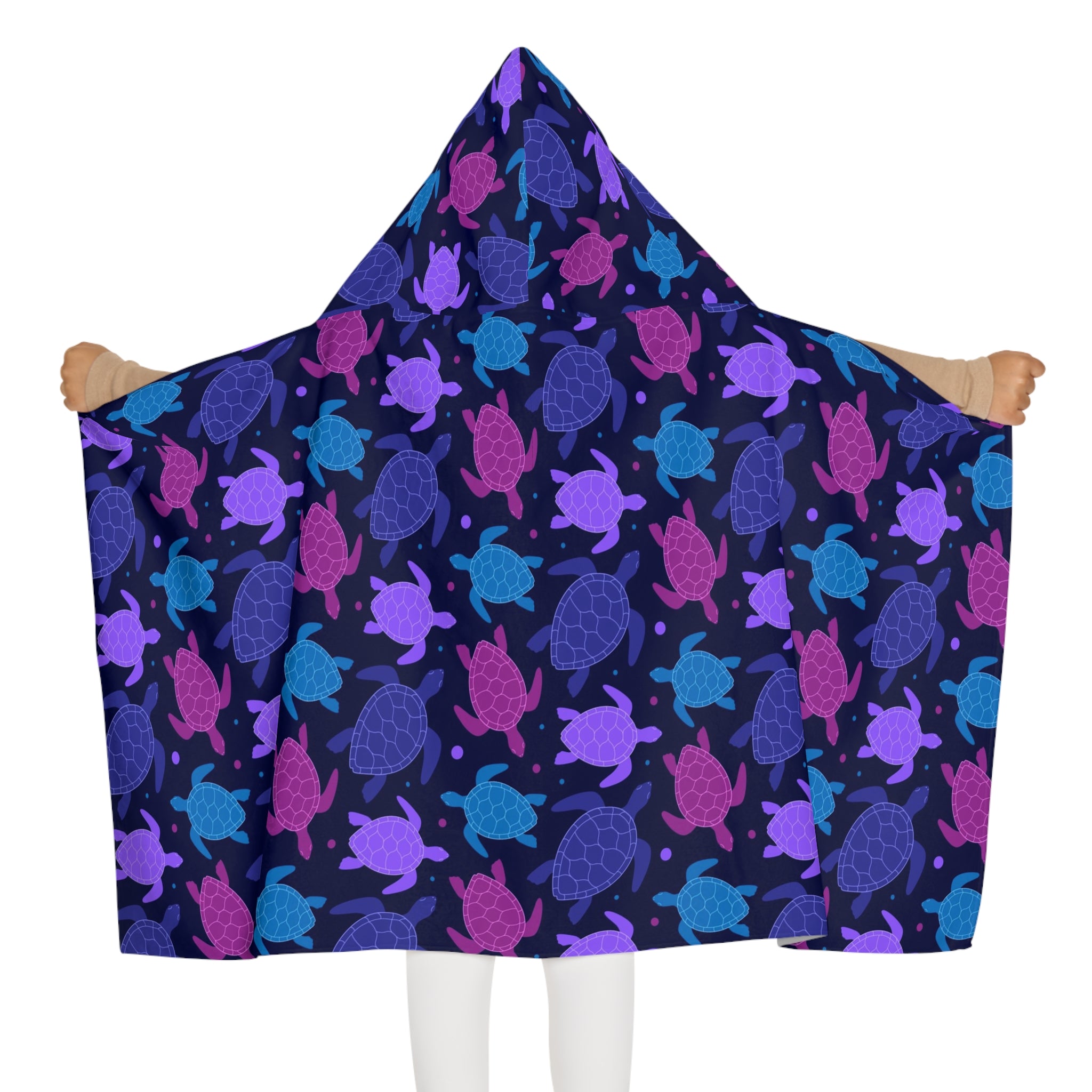 Kids purple sea turtle hooded towel navy blue soft absorbent fabric featuring vibrant purple pink teal sea turtles pattern