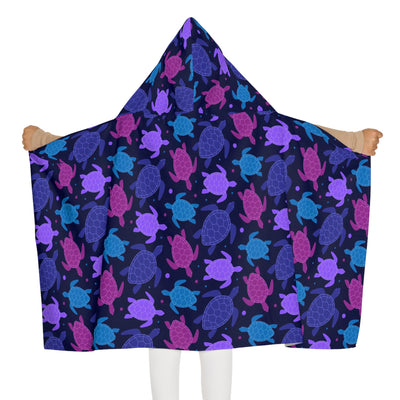 Kids purple sea turtle hooded towel navy blue soft absorbent fabric featuring vibrant purple pink teal sea turtles pattern