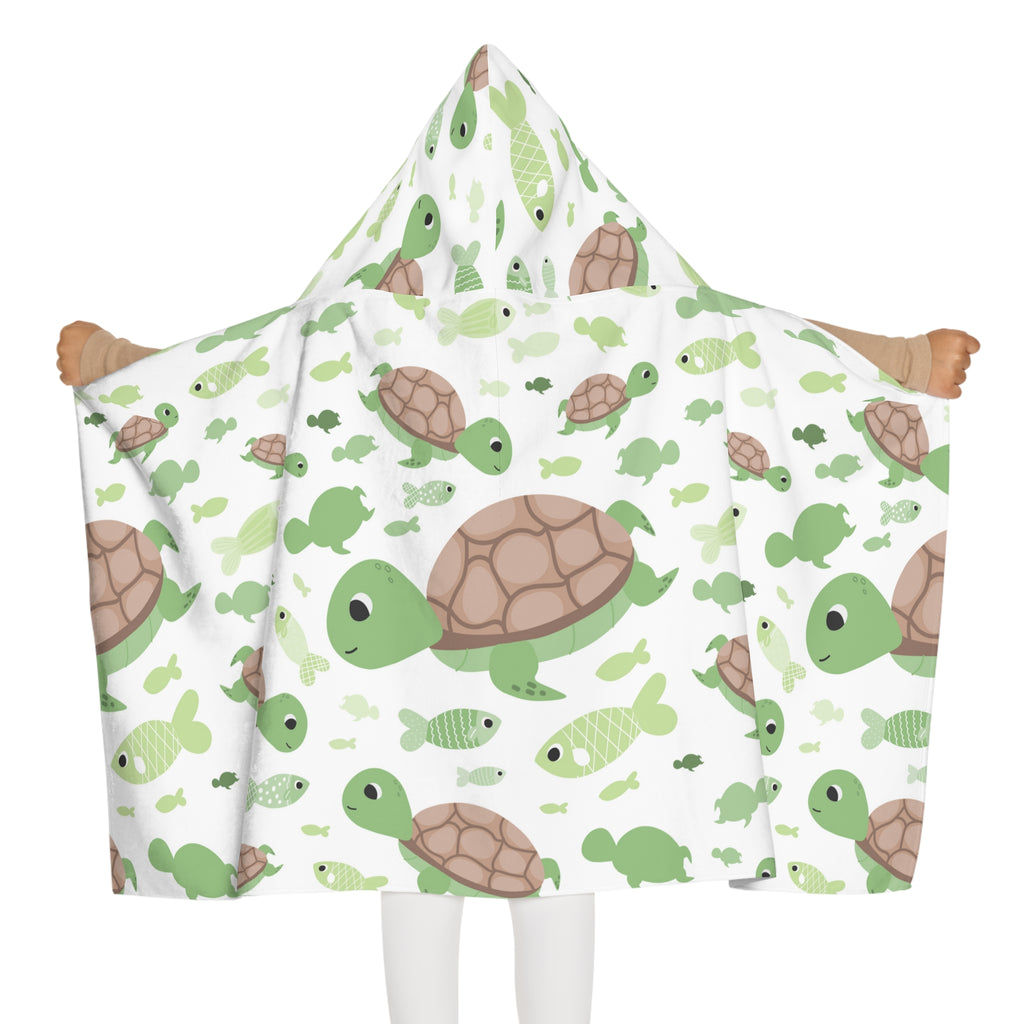 White hooded towel with green and brown cartoon turtles and fish pattern soft absorbent bath and beach wrap for kids