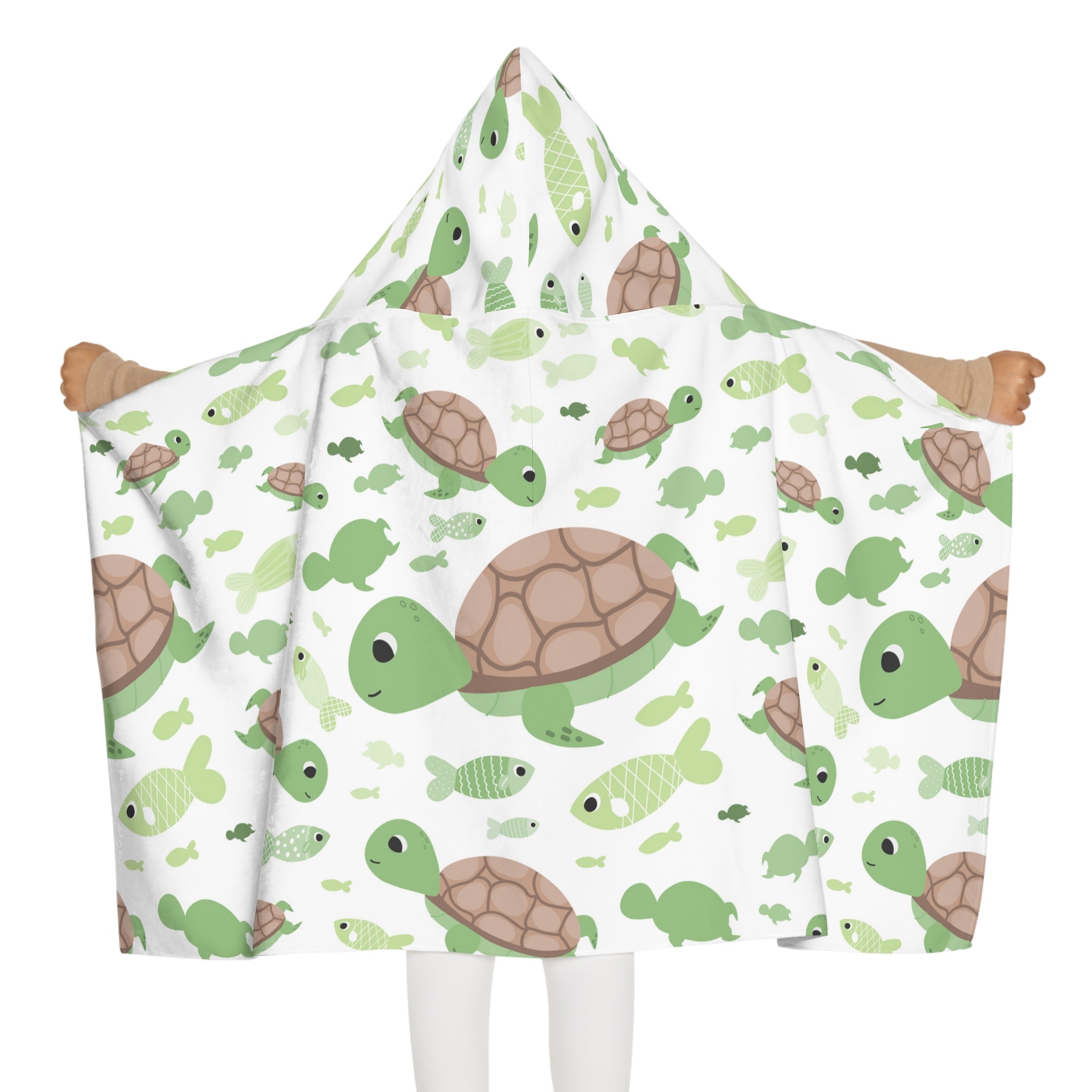 White hooded towel with green and brown cartoon turtles and fish pattern soft absorbent bath and beach wrap for kids