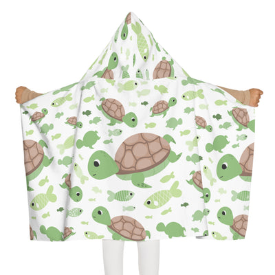 White hooded towel with green and brown cartoon turtles and fish pattern soft absorbent bath and beach wrap for kids