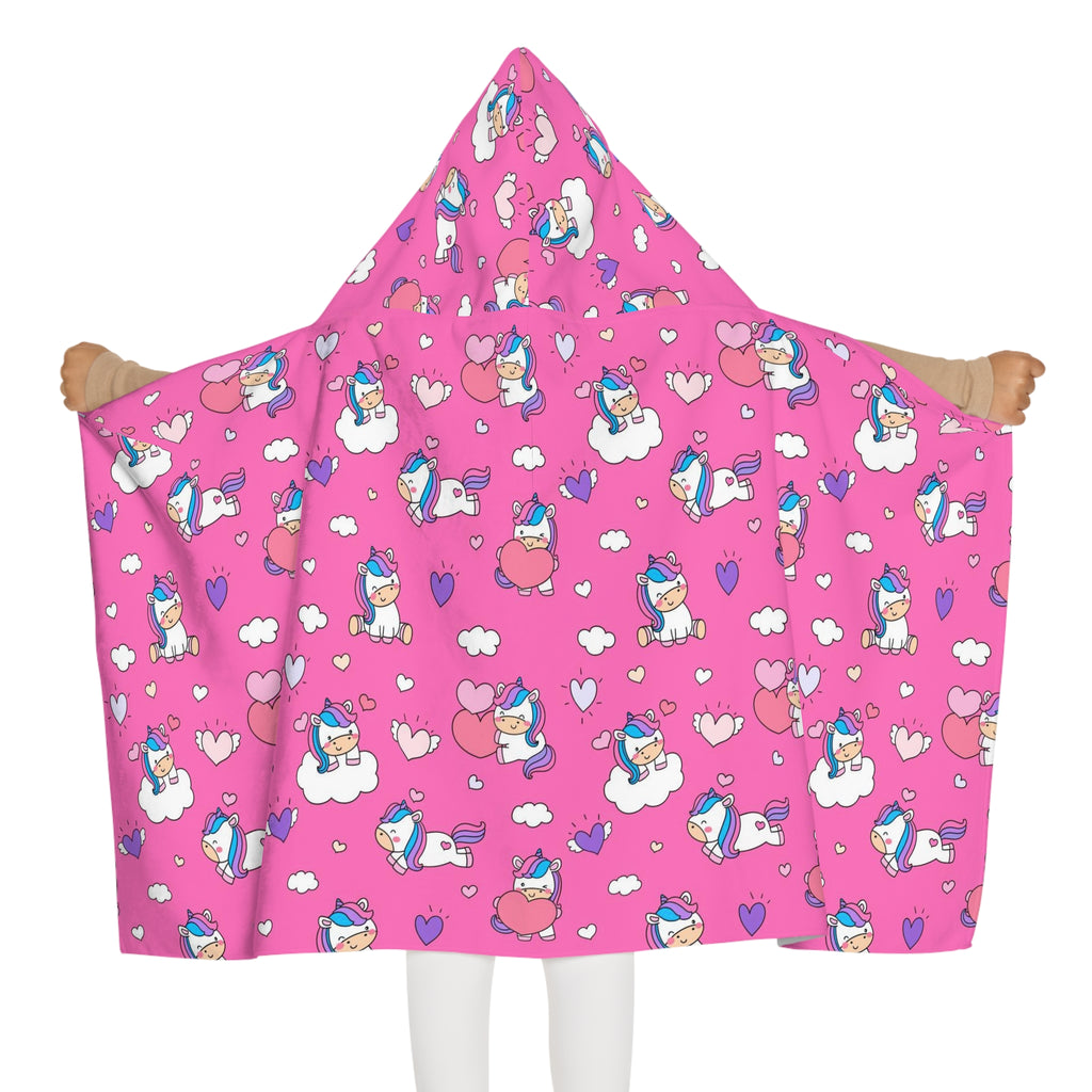 Girls unicorn hearts hooded towel pink unicorn-themed soft plush blanket with playful cartoon designs for bath and beach wrap