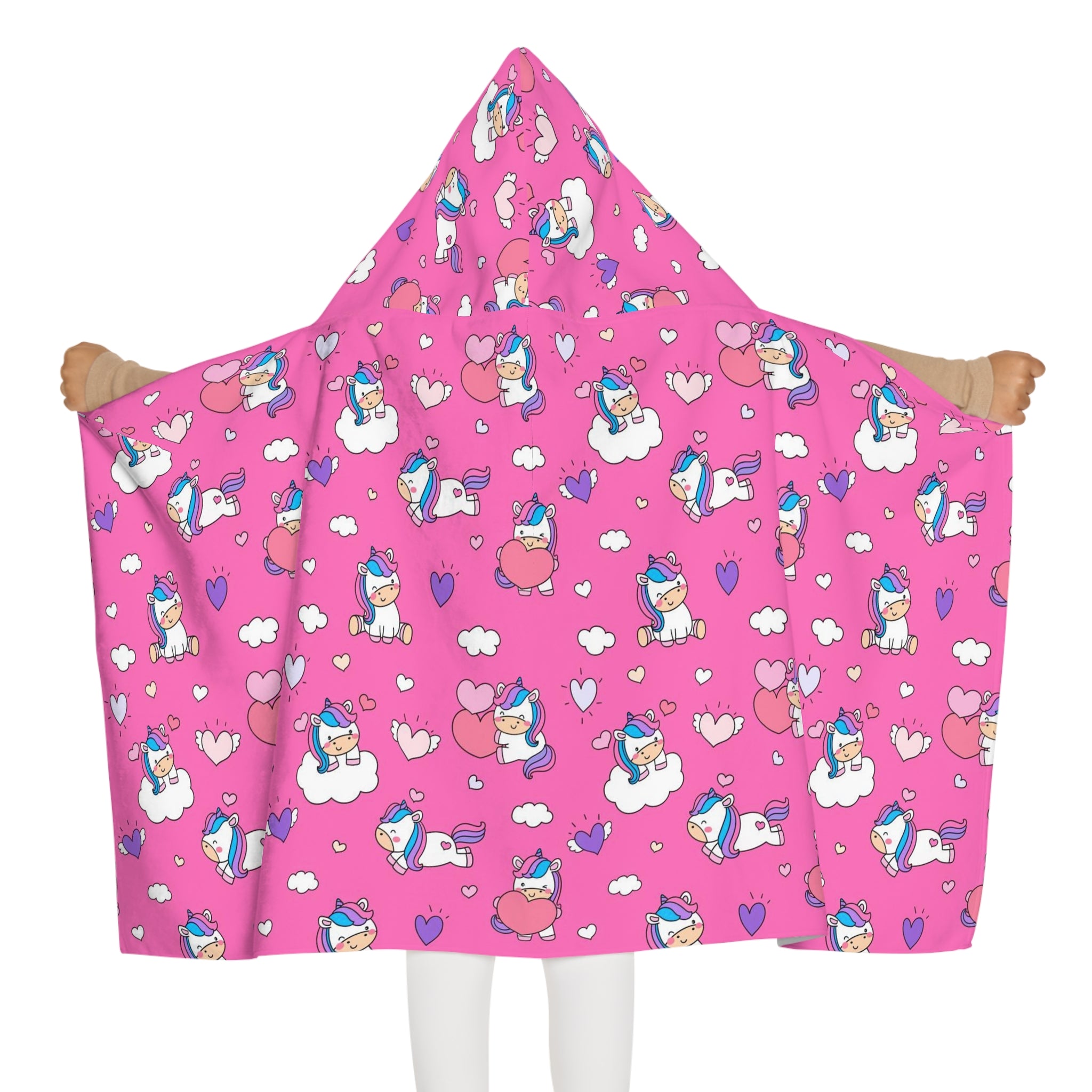 Girls unicorn hearts hooded towel pink unicorn-themed soft plush blanket with playful cartoon designs for bath and beach wrap