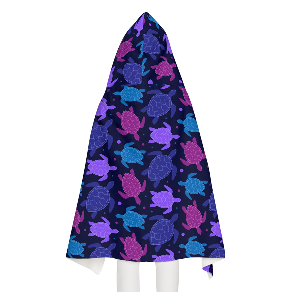 Kids purple sea turtle hooded towel with soft absorbent navy blue fabric and vibrant purple pink teal sea turtle pattern