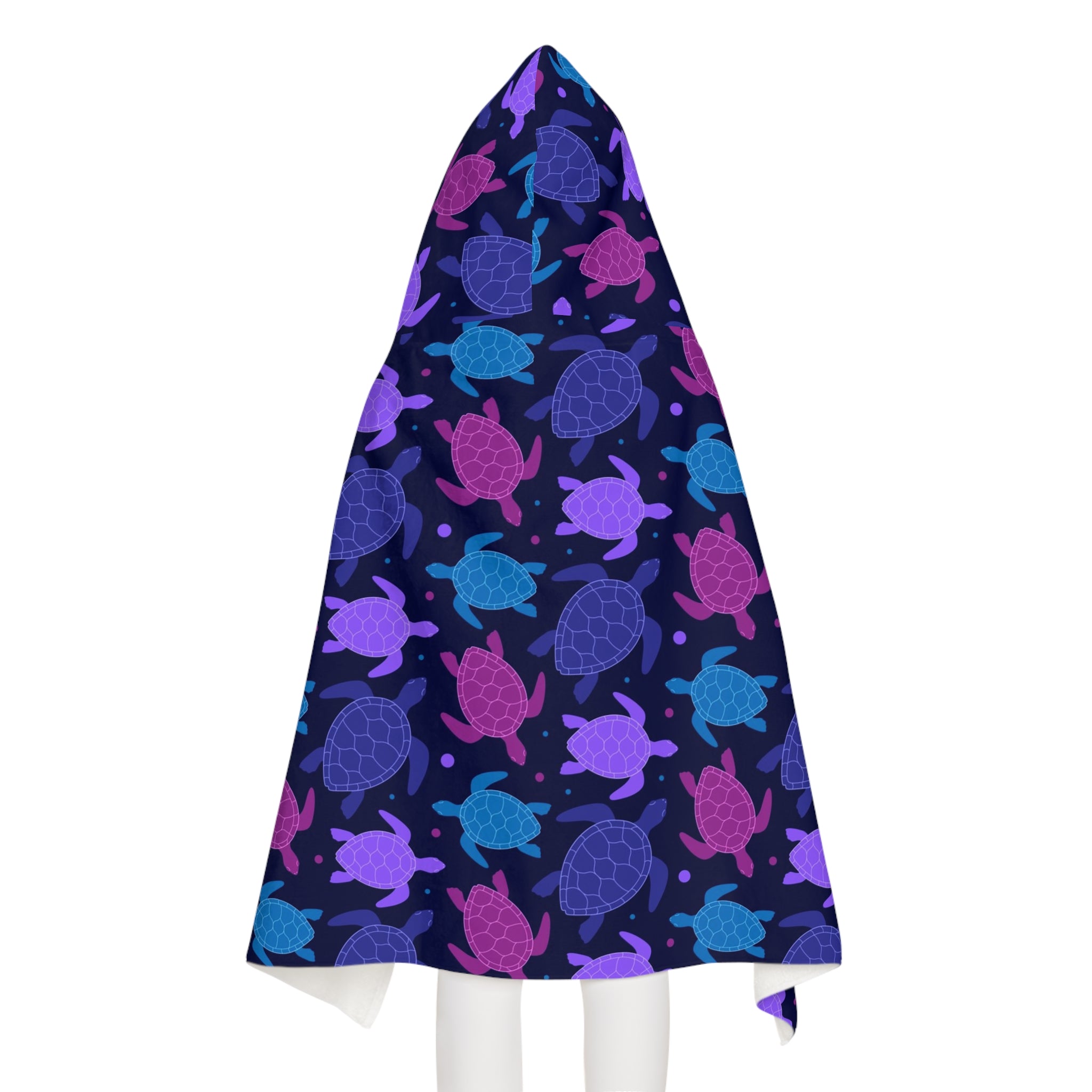 Kids purple sea turtle hooded towel with soft absorbent navy blue fabric and vibrant purple pink teal sea turtle pattern