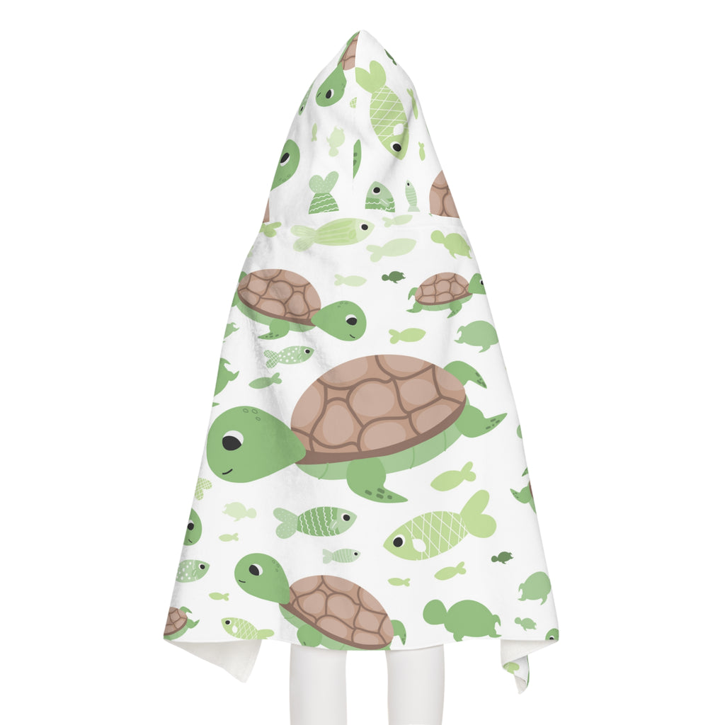 Kids green sea turtles and fish white hooded towel with playful pattern soft and absorbent for bath and beach wrap