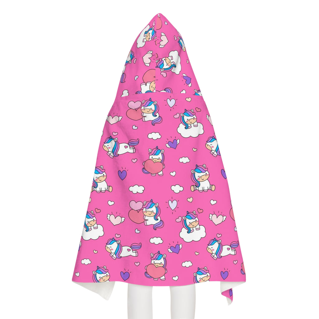 Girls unicorn hearts hooded towel in pink with soft plush texture and playful cartoon unicorn designs for bath and beach wrap