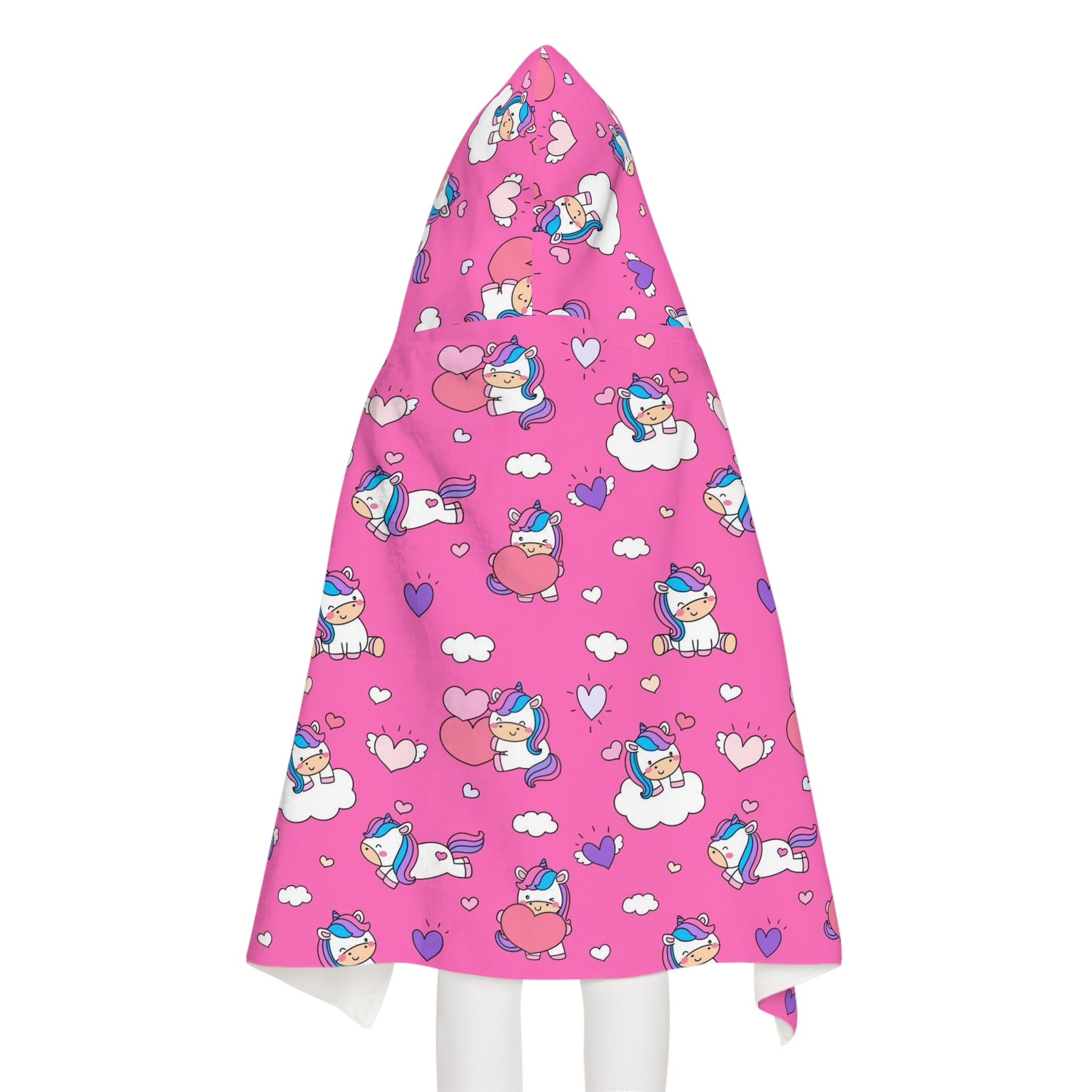 Girls unicorn hearts hooded towel in pink with soft plush texture and playful cartoon unicorn designs for bath and beach wrap