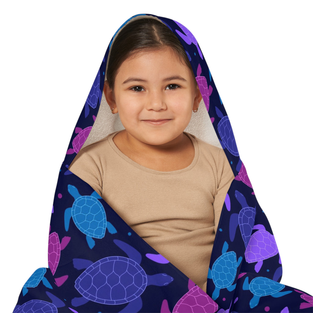 Kids navy blue hooded blanket with playful purple and teal sea turtle pattern soft absorbent for beach and bath time