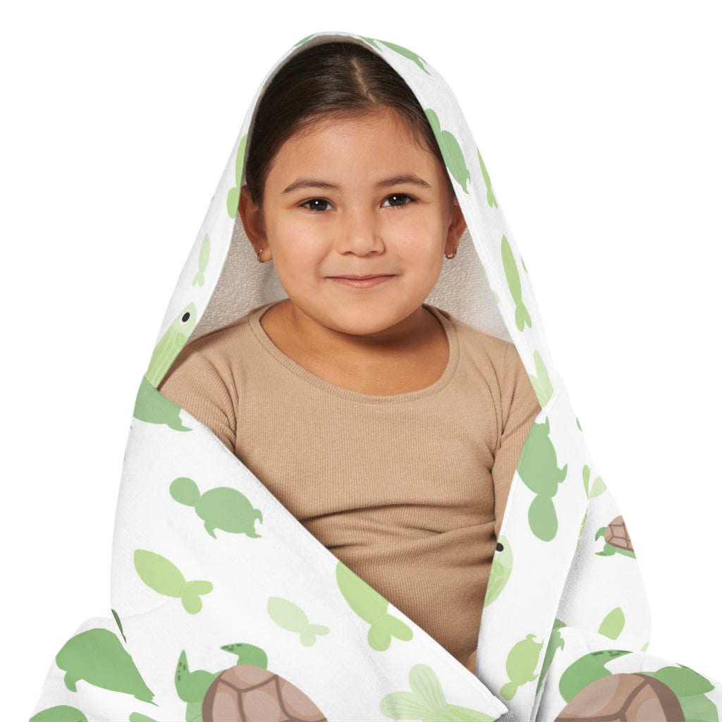 White hooded towel with green sea turtles and brown tortoise patterns soft absorbent kids bath and beach wrap