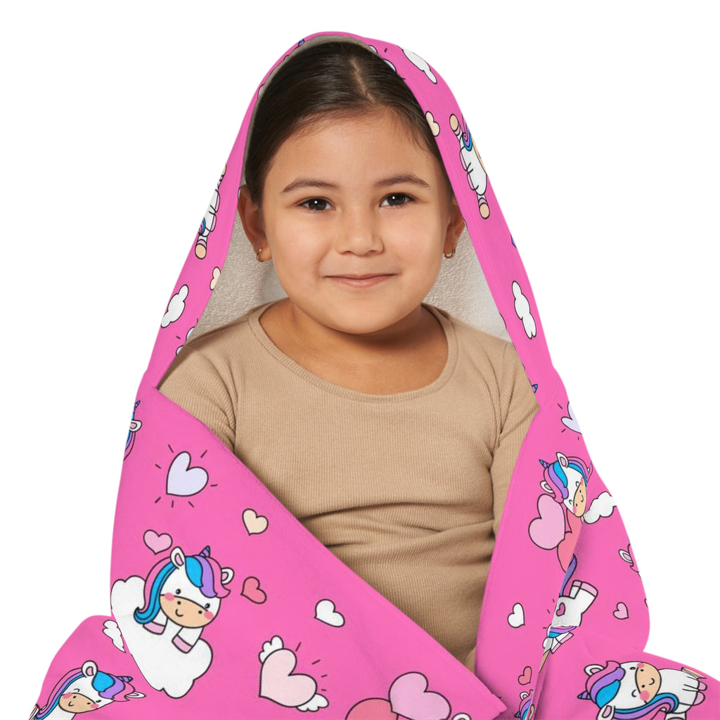 Girls unicorn hearts hooded towel in pink with soft plush texture and playful cartoon designs for bath and beach wrap