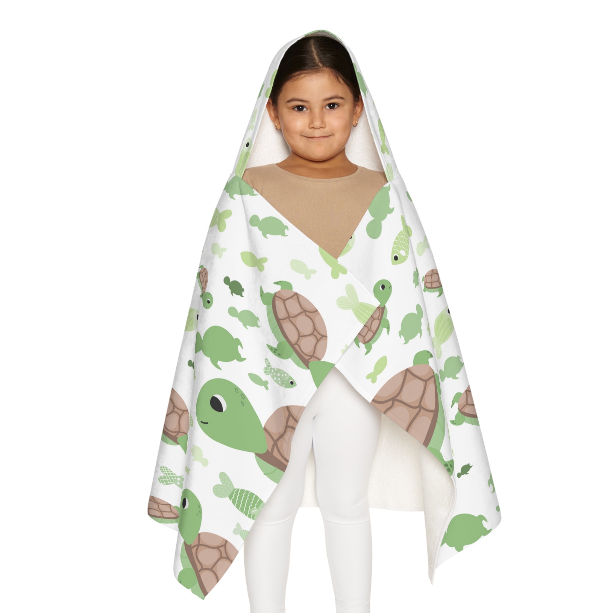 Kids green sea turtles and fish hooded towel in soft absorbent white fabric with playful turtle and fish pattern