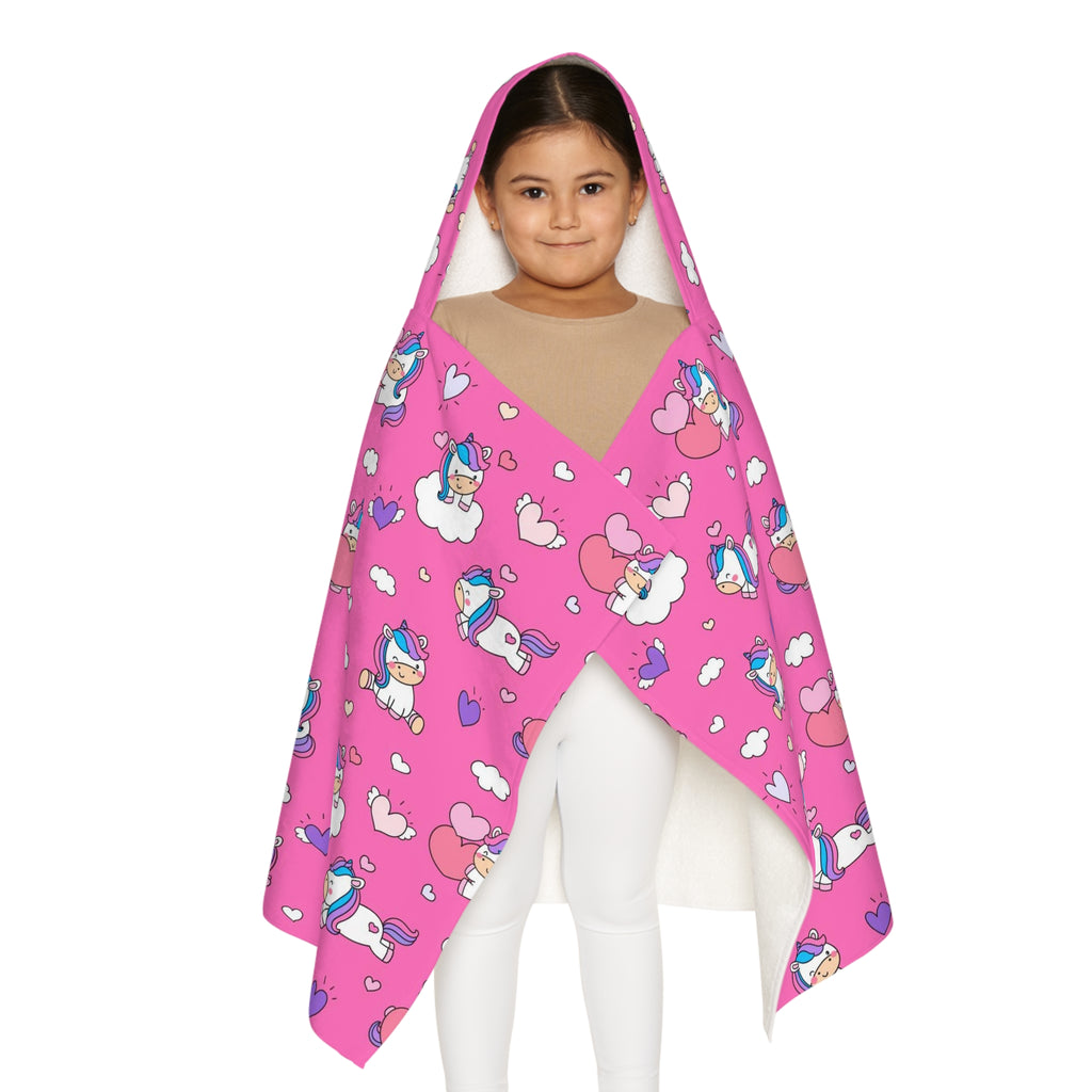 Girls unicorn hearts hooded towel in pink with white soft absorbent lining for bath and beach wrap