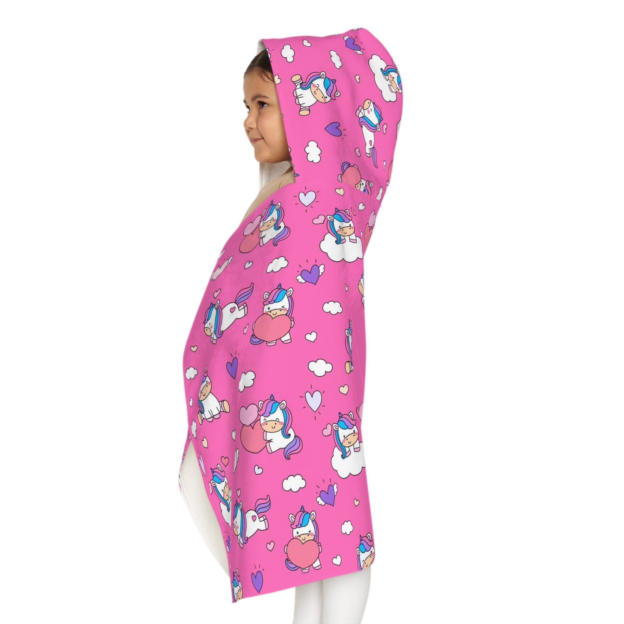 Girls unicorn hearts hooded towel in pink with soft plush texture and playful cartoon designs for bath and beach wrap
