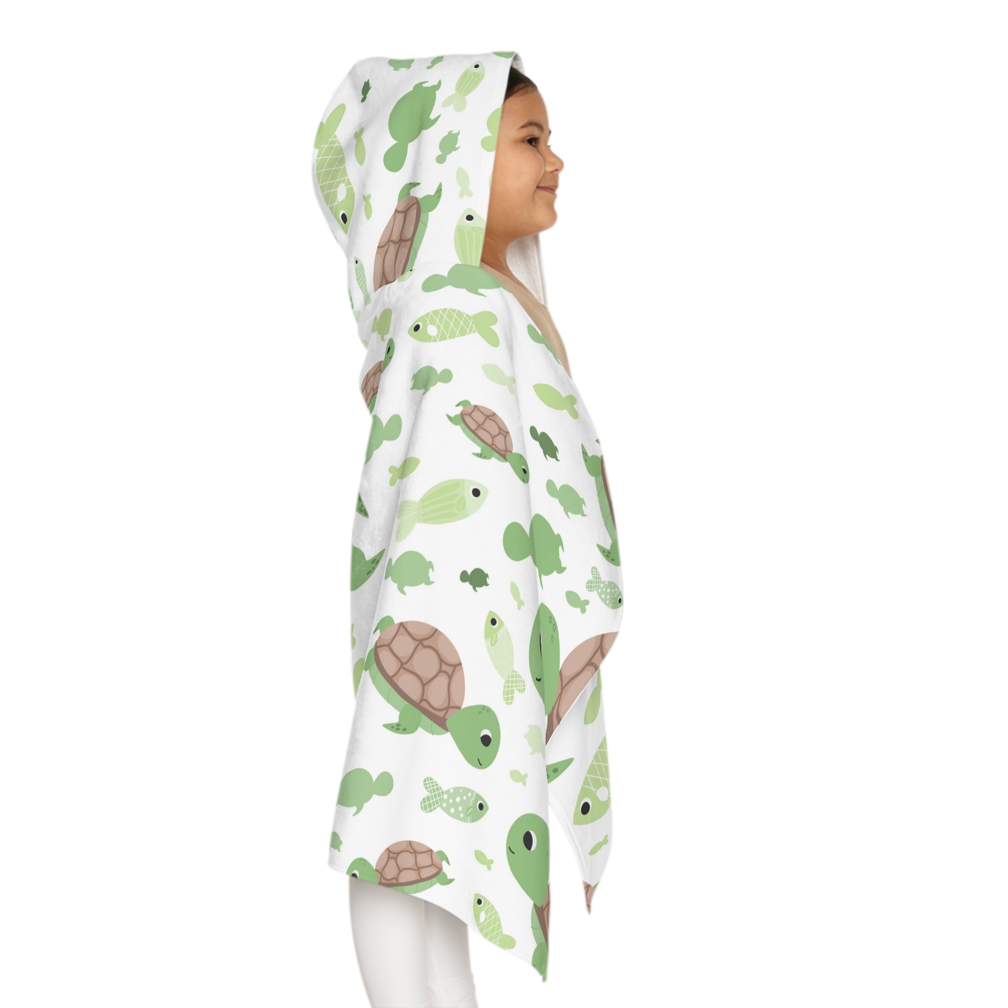 White hooded towel with green and brown turtles and fish pattern soft absorbent kids bath and beach wrap
