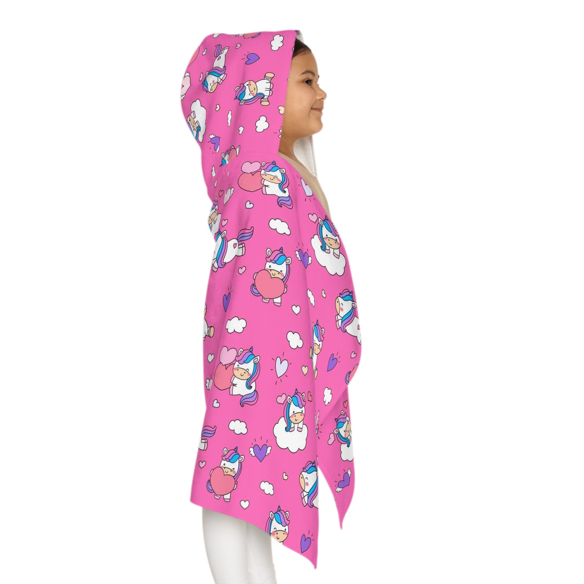 Girls unicorn hearts hooded towel pink plush blanket with soft texture and playful cartoon design for bath and beach wrap