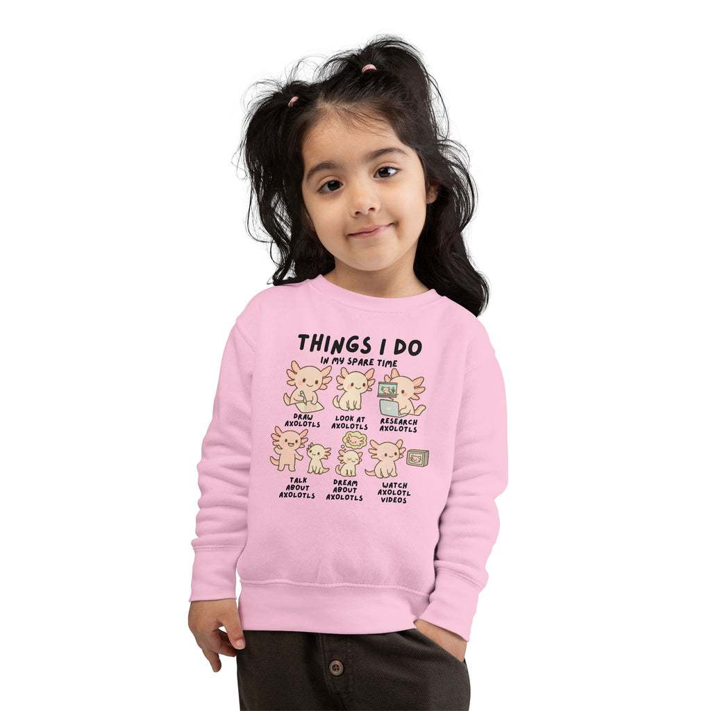 Pink long-sleeved kids sweatshirt with cartoon axolotl graphic and text for animal lover pullover casual wear