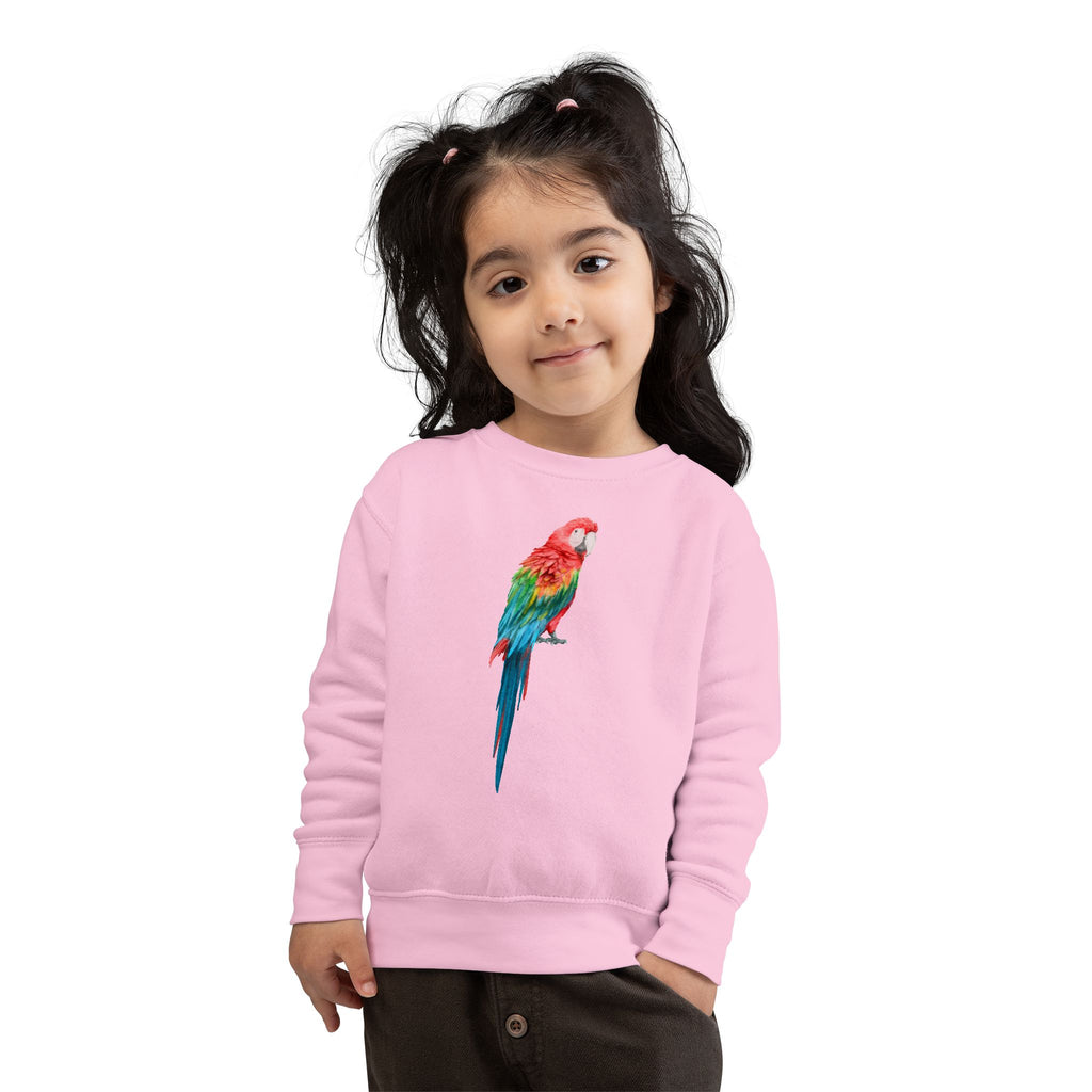 Pink kids sweatshirt featuring a vibrant multicolored tropical parrot graphic on the chest for casual wear
