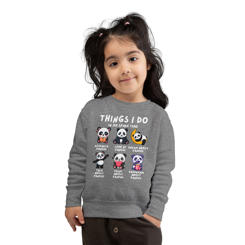 Child wearing a gray sweatshirt with panda illustrations and text on a white background