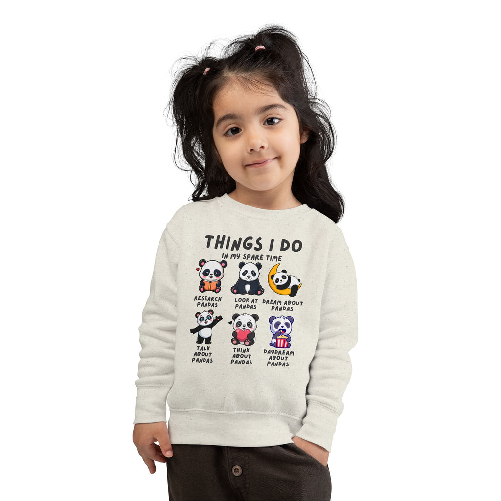 Child wearing a sweatshirt with panda illustrations and text on a white background