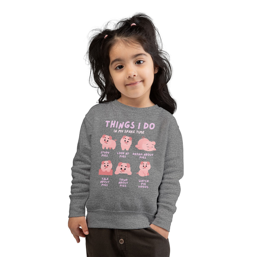 Gray kids long-sleeved cotton sweatshirt with pink pig illustrations and things i do in my spare time text