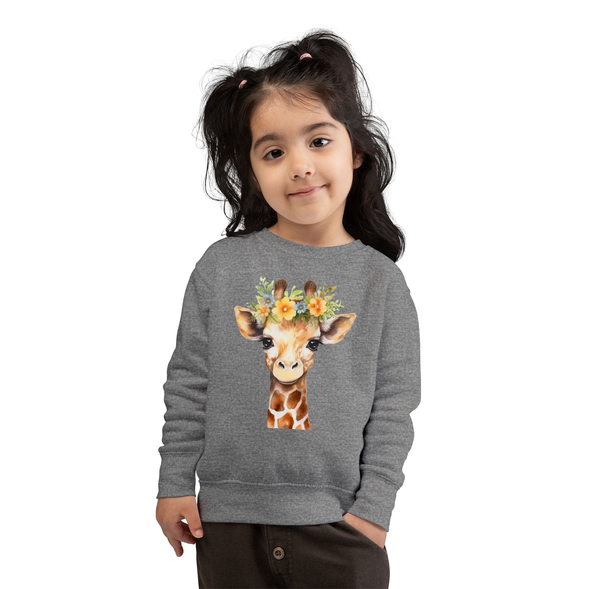 Gray kids giraffe sweatshirt featuring a watercolor-style giraffe with a floral crown on a soft cotton blend fabric