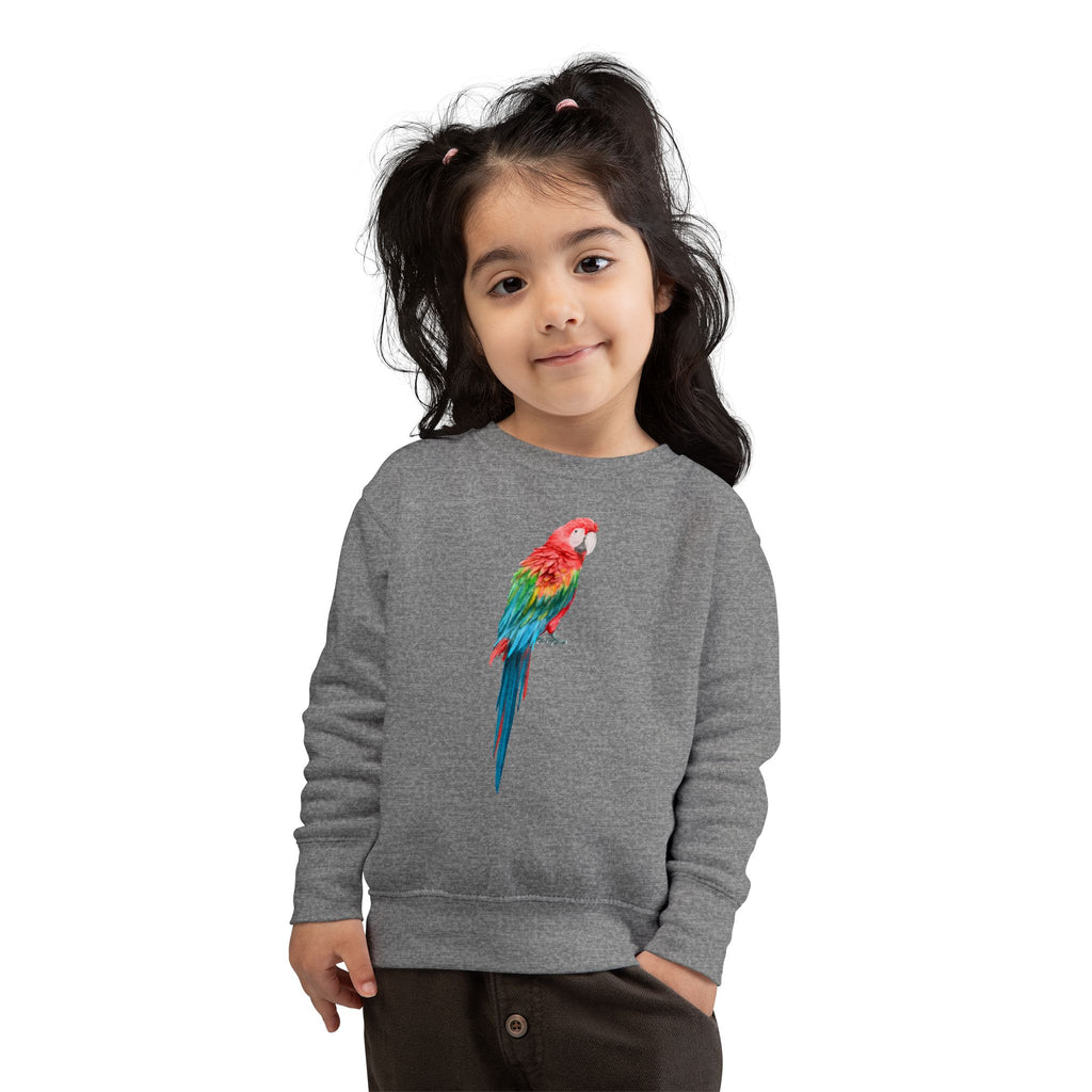 Gray heathered kids sweatshirt with vibrant multicolored parrot graphic on chest tropical bird pullover