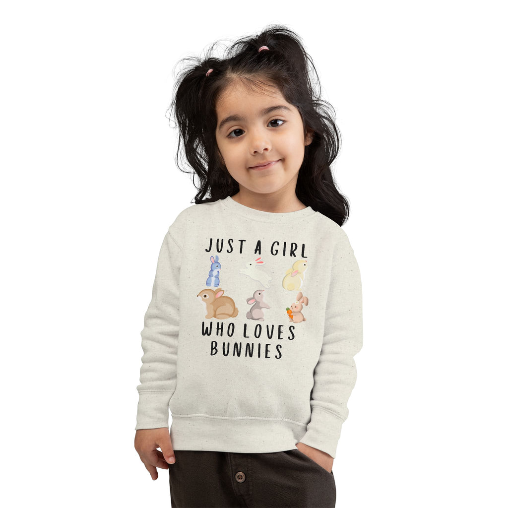 Off-white girls sweatshirt with playful bunny graphics and just a girl who loves bunnies black lettering design