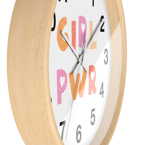 Girl power kids silent wood wall clock with light wood frame white face and colorful distressed lettering