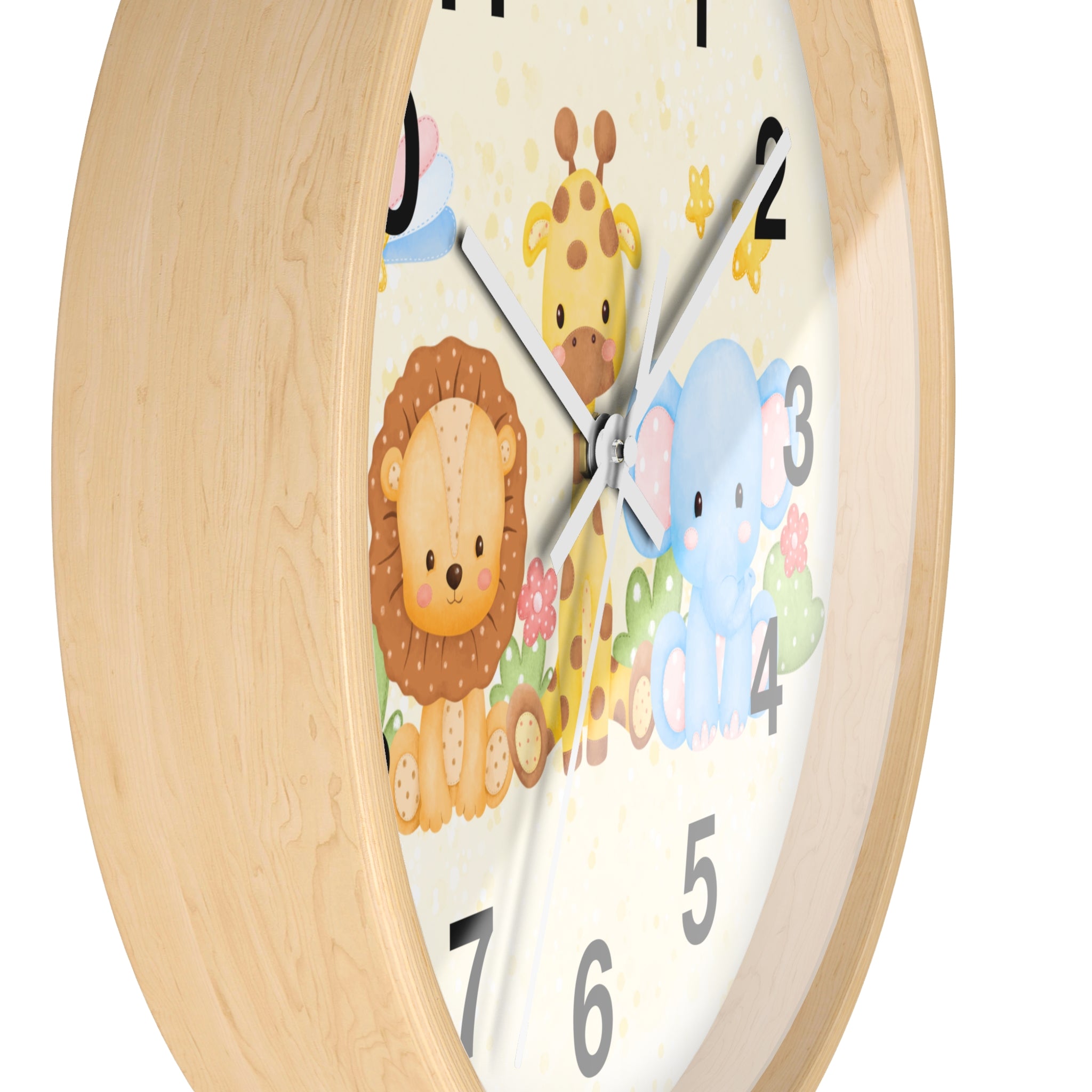 Kids safari animals silent wood wall clock with round wooden frame and cheerful lion giraffe elephant design on pastel background