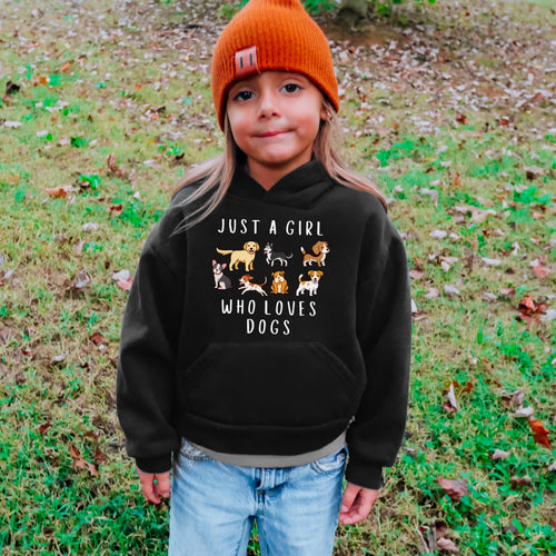 Girl wearing 'Just a Girl Who Loves Dogs' hoodie