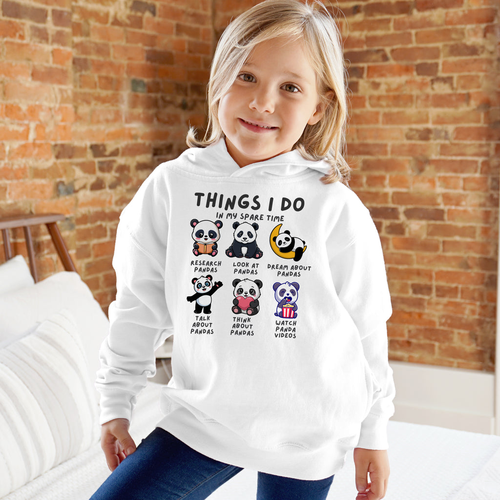 Kids white hoodie featuring cartoon panda illustrations and text things i do in my spare time on the front