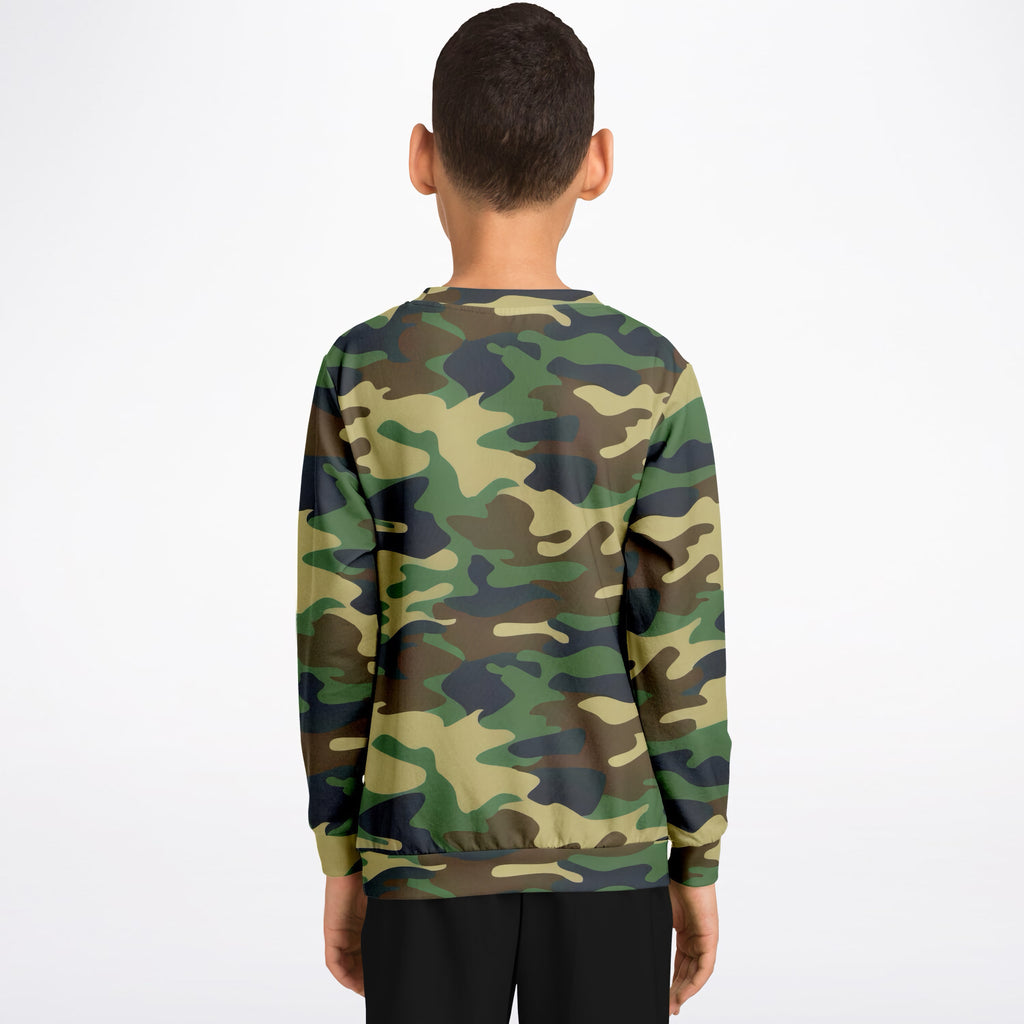 Kids Green Woodland Camouflage Sweatshirt – Ultra Soft & Stretchy, Cozy Fleece or Lightweight Sports Fabric Sweatshirt – Ultra Soft & Stretchy, Cozy Fleece or Lightweight Sports Fabric