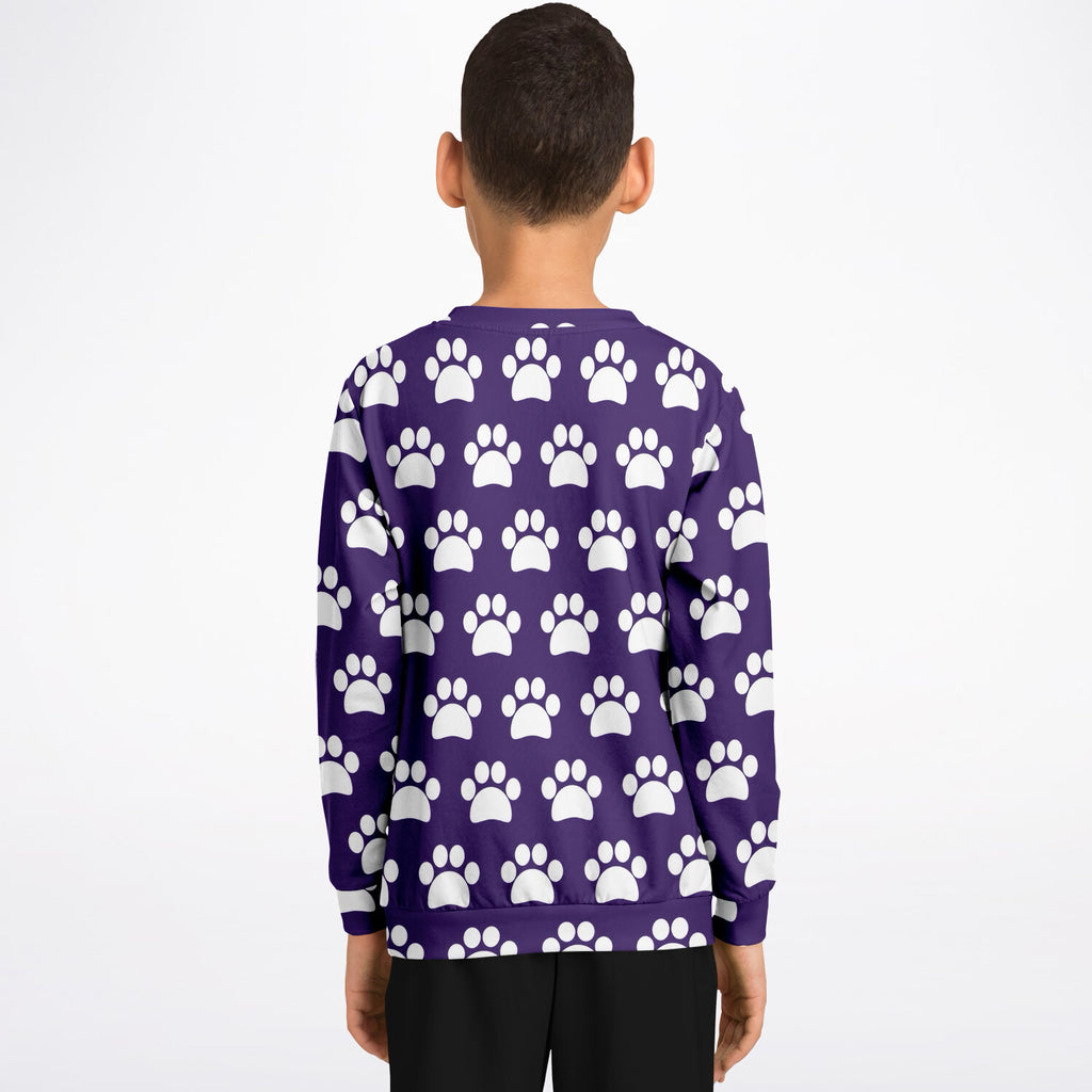 Kids Dark Purple Paw Print Sweatshirt – Ultra Soft & Stretchy, Cozy Fleece or Lightweight Sports Fabric Sweatshirt – Ultra Soft & Stretchy, Cozy Fleece or Lightweight Sports Fabric