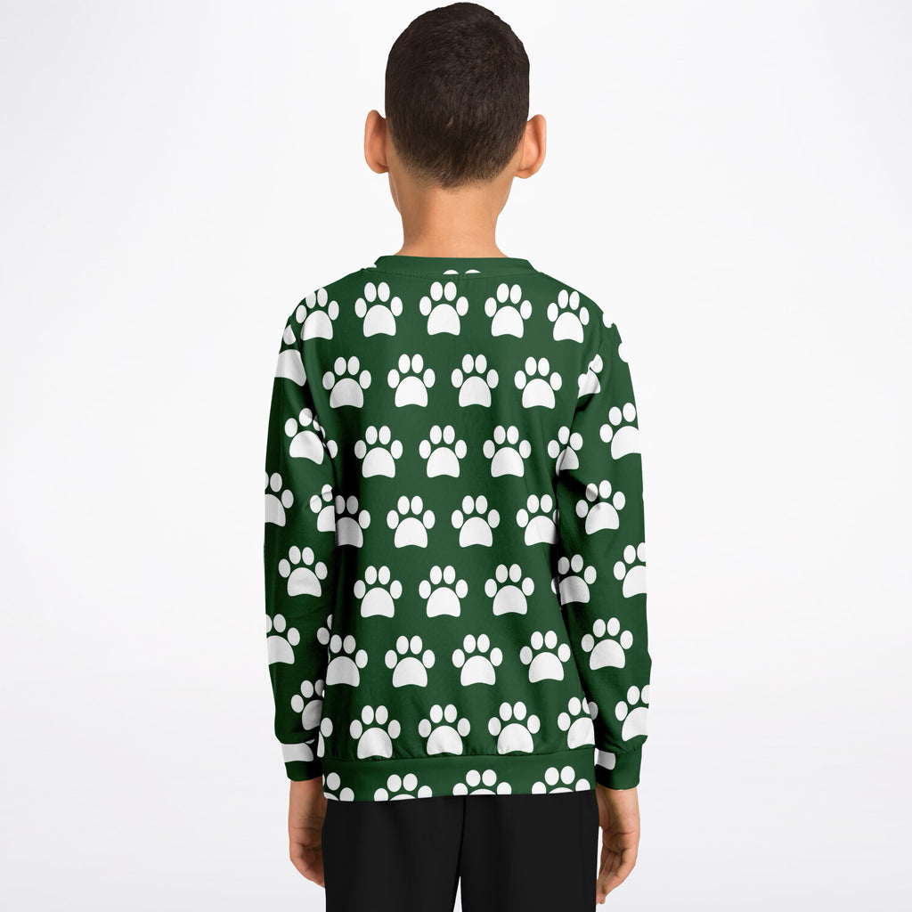 Kids Forest Green Paw Print Sweatshirt – Ultra Soft & Stretchy, Cozy Fleece or Lightweight Sports Fabric Sweatshirt – Ultra Soft & Stretchy, Cozy Fleece or Lightweight Sports Fabric
