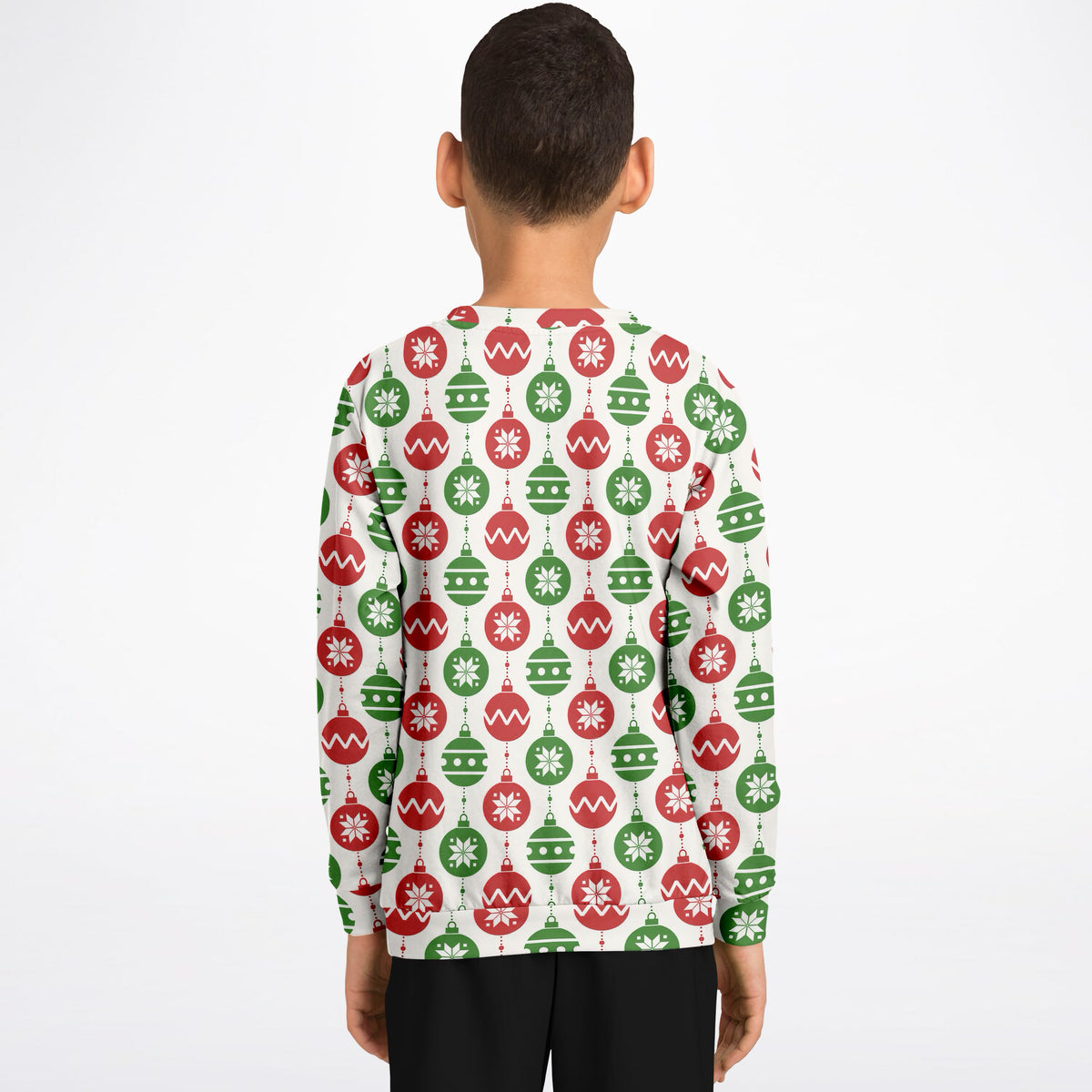 Kids Red & Green Christmas Ornament Sweatshirt – Ultra Soft & Stretchy, Cozy Fleece or Lightweight Sports Fabric Sweatshirt – Ultra Soft & Stretchy, Cozy Fleece or Lightweight Sports Fabric