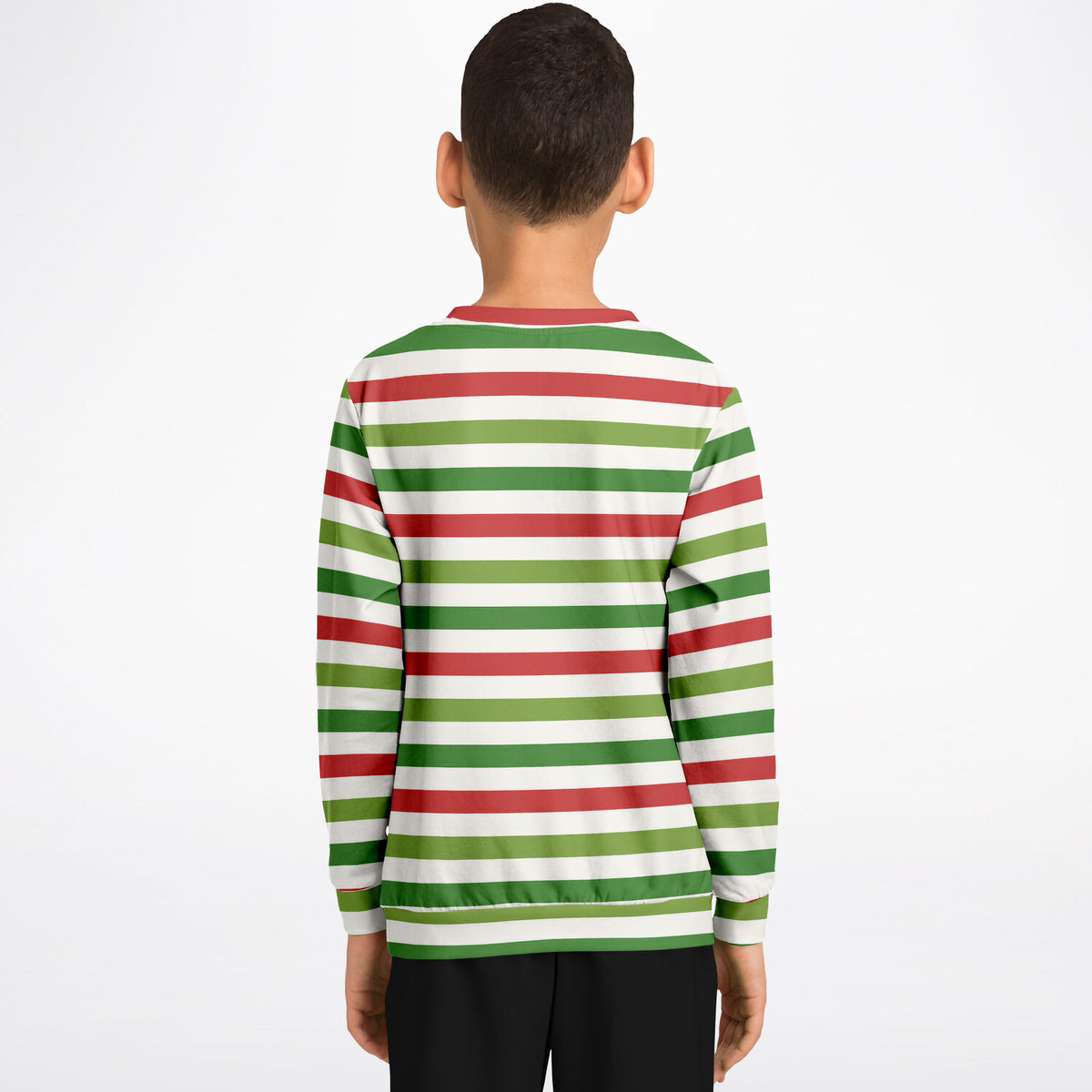 Kids Red Green & White Christmas Striped Sweatshirt – Ultra Soft & Stretchy, Cozy Fleece or Lightweight Sports Fabric Sweatshirt – Ultra Soft & Stretchy, Cozy Fleece or Lightweight Sports Fabric