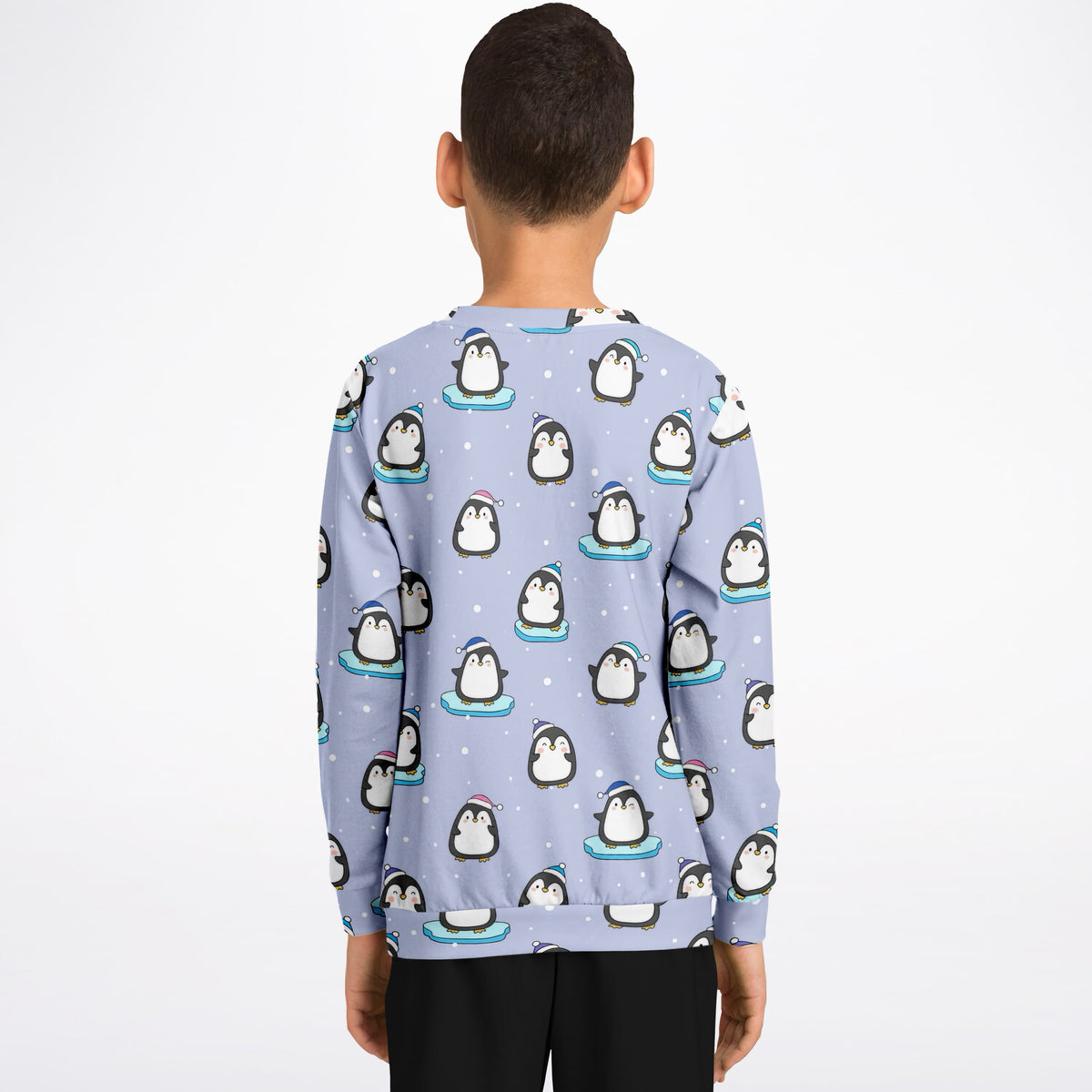 Kids Light Purple Penguin & Snowman Christmas Sweatshirt – Ultra Soft & Stretchy, Cozy Fleece or Lightweight Sports Fabric Sweatshirt – Ultra Soft & Stretchy, Cozy Fleece or Lightweight Sports Fabric
