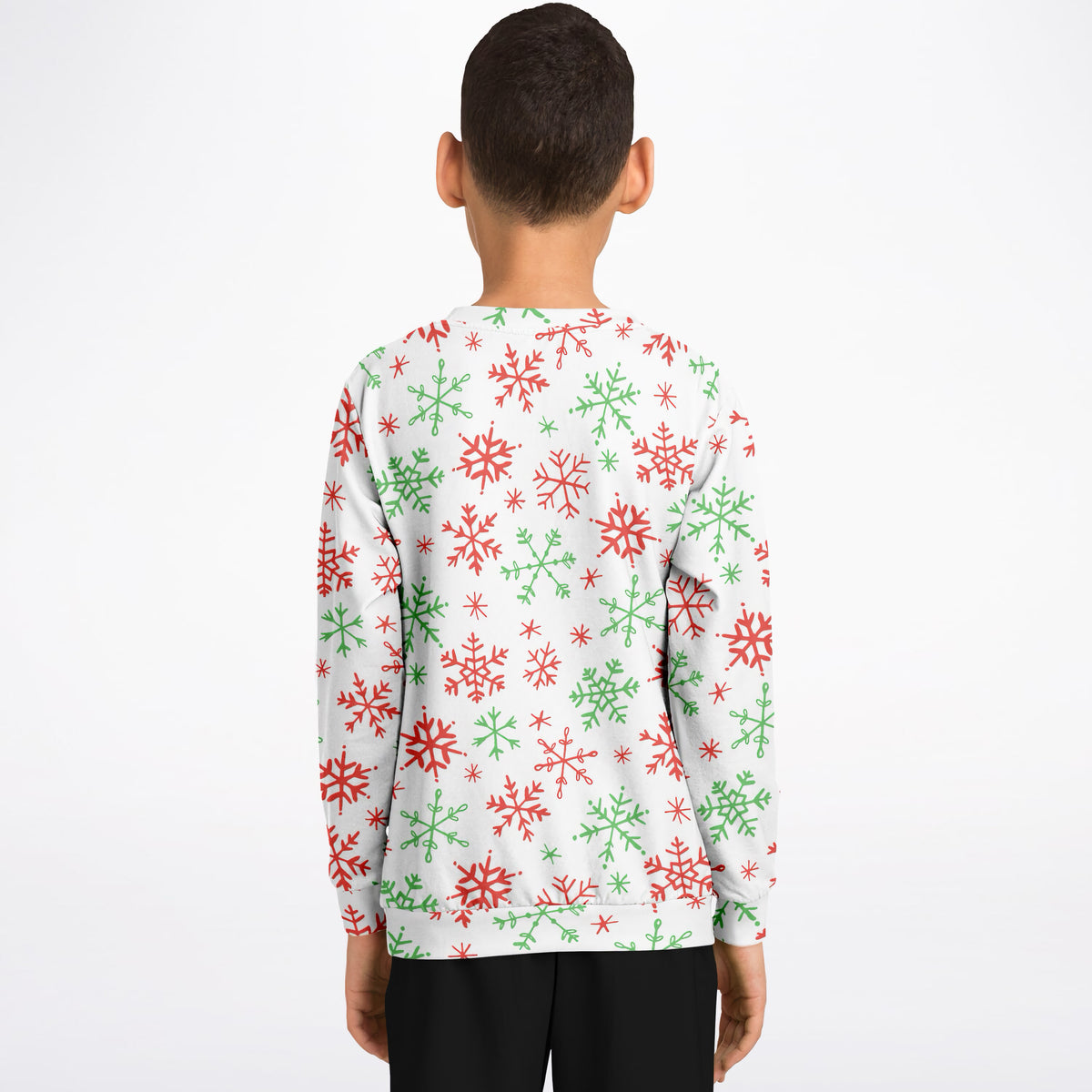 Kids Red & Green Snowflakes Christmas Sweatshirt – Ultra Soft & Stretchy, Cozy Fleece or Lightweight Sports Fabric Sweatshirt – Ultra Soft & Stretchy, Cozy Fleece or Lightweight Sports Fabric