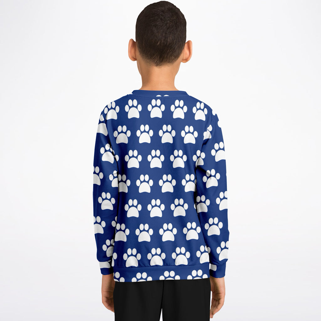 Kids Dark Blue Paw Print Sweatshirt – Ultra Soft & Stretchy, Cozy Fleece or Lightweight Sports Fabric Sweatshirt – Ultra Soft & Stretchy, Cozy Fleece or Lightweight Sports Fabric