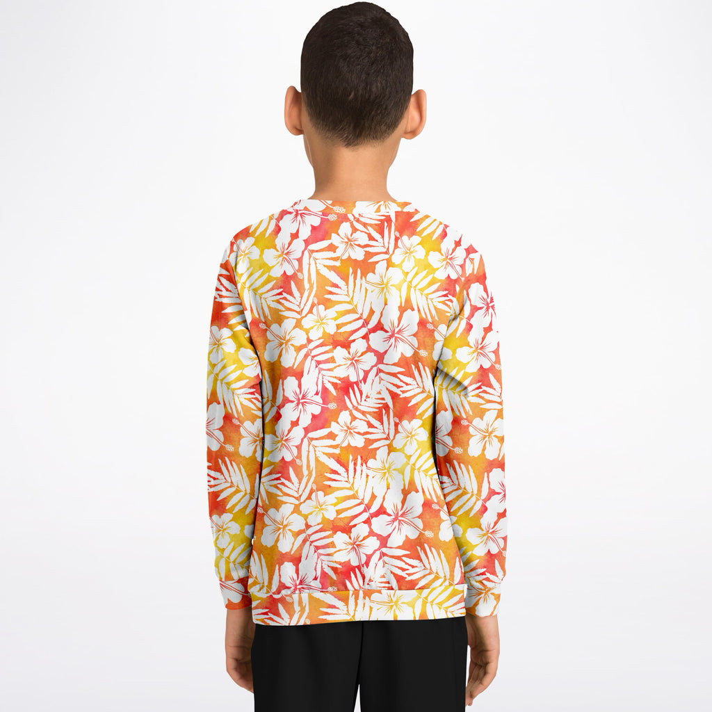 Kids Orange Tropical Hibiscus Sweatshirt – Ultra Soft & Stretchy, Cozy Fleece or Lightweight Sports Fabric Sweatshirt – Ultra Soft & Stretchy, Cozy Fleece or Lightweight Sports Fabric