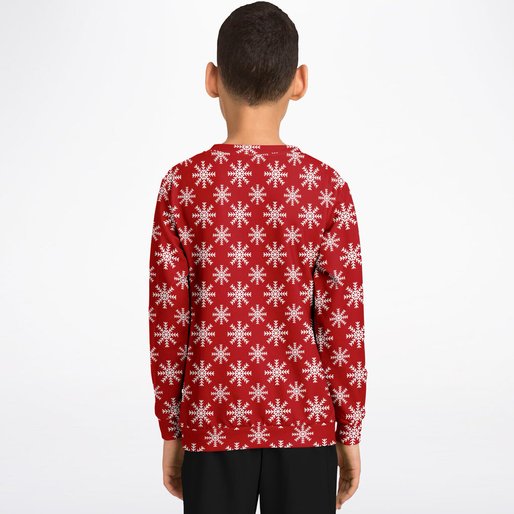Kids Red Christmas Snowflake Sweatshirt – Ultra Soft & Stretchy, Cozy Fleece or Lightweight Sports Fabric Sweatshirt – Ultra Soft & Stretchy, Cozy Fleece or Lightweight Sports Fabric
