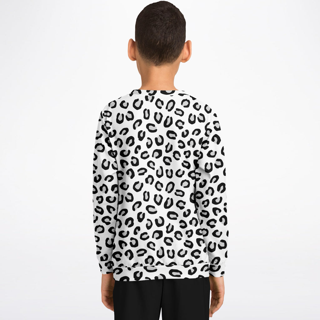 Kids Black & White Leopard Print Sweatshirt – Ultra Soft & Stretchy, Cozy Fleece or Lightweight Sports Fabric Sweatshirt – Ultra Soft & Stretchy, Cozy Fleece or Lightweight Sports Fabric