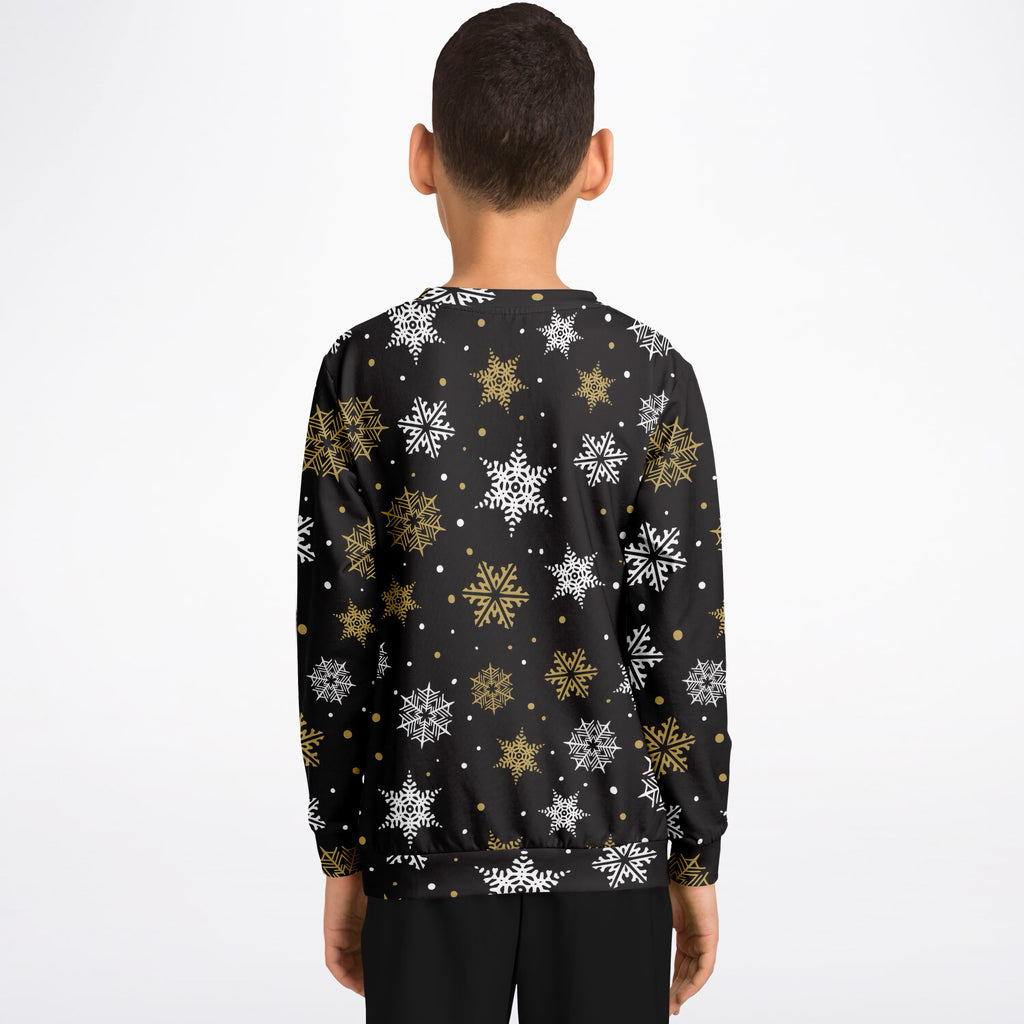 Kids Gold Snowflake Christmas Sweatshirt – Ultra Soft & Stretchy, Cozy Fleece or Lightweight Sports Fabric Sweatshirt – Ultra Soft & Stretchy, Cozy Fleece or Lightweight Sports Fabric